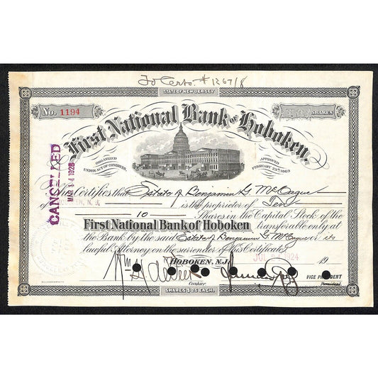 First National Bank of Hoboken NJ 1924 Stock Certificate Benjamin G. Mc Caque ?