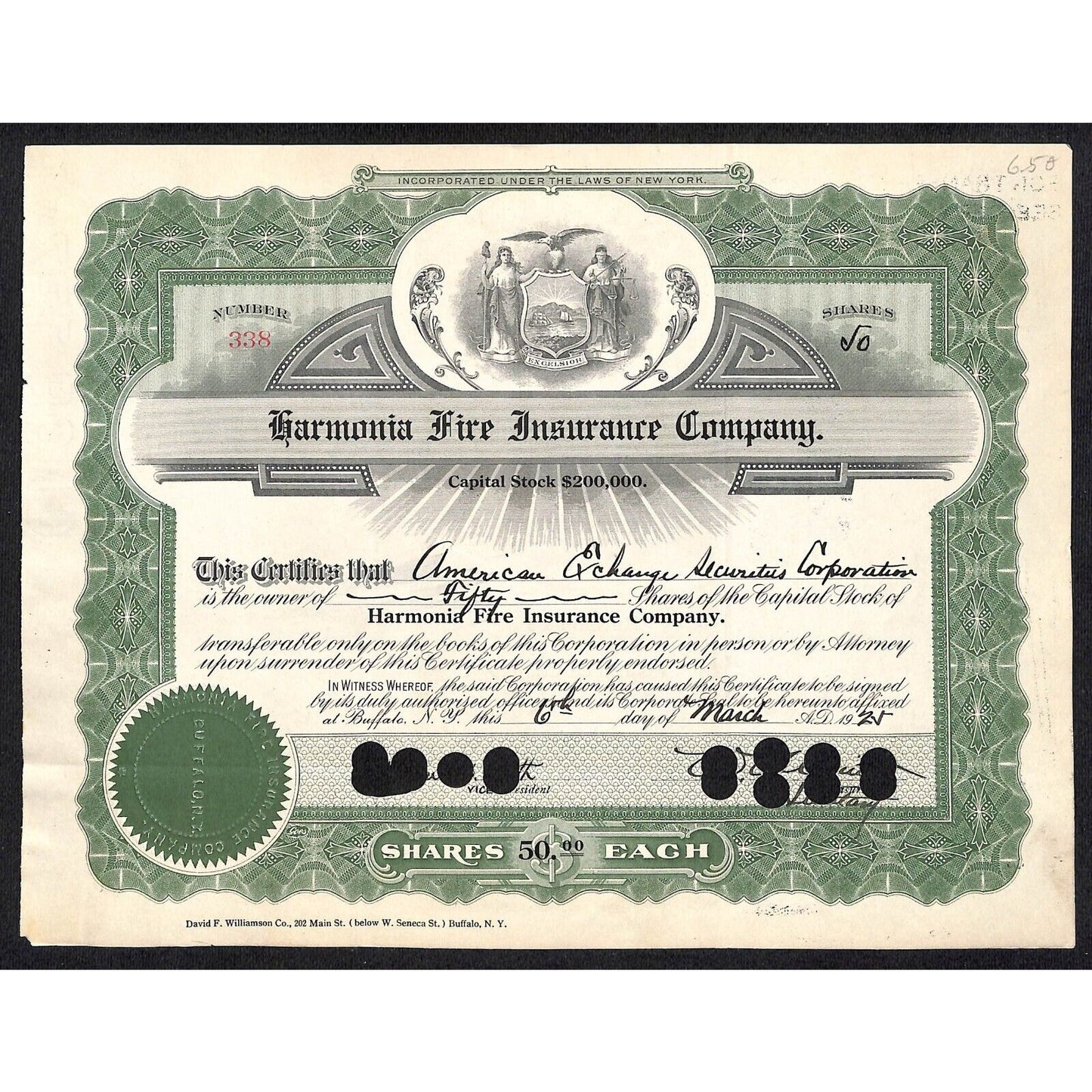 Harmonia Fire Insurance Co. NY 1925 Stock Certificate #338
