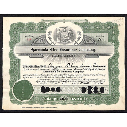 Harmonia Fire Insurance Co. NY 1925 Stock Certificate #338