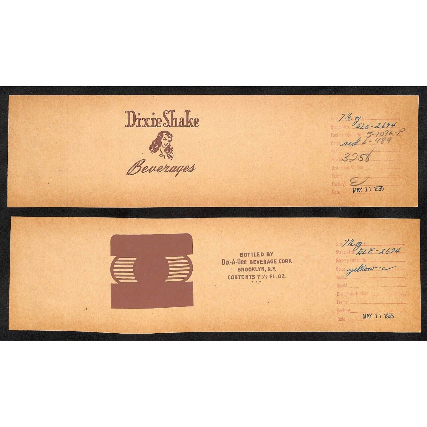 Dixie Shake Beverages 1955 Brooklyn ACL Bottle Printer's Stencil Mould Cards