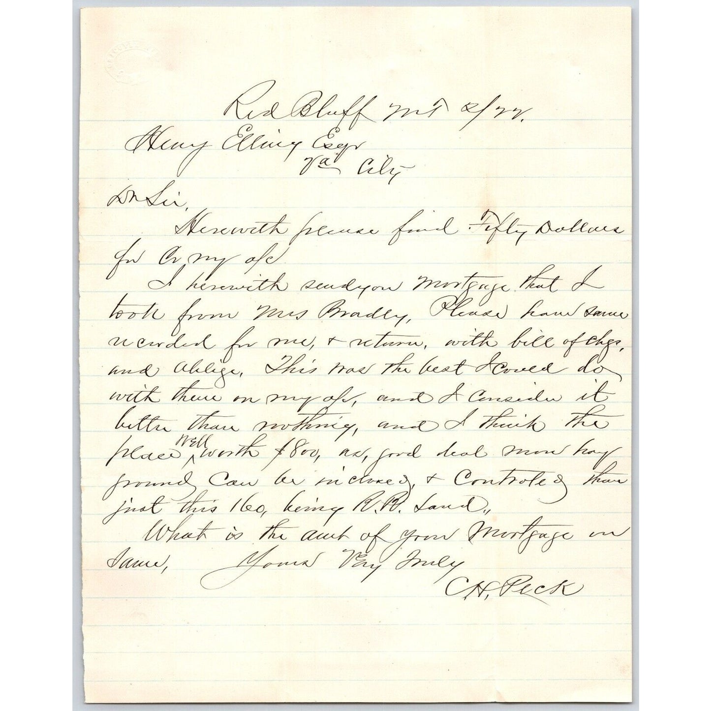 Feb 22 1881 C.H. Peck Red Bluff, MT ALS to Henry Elling* Virginia City, MT