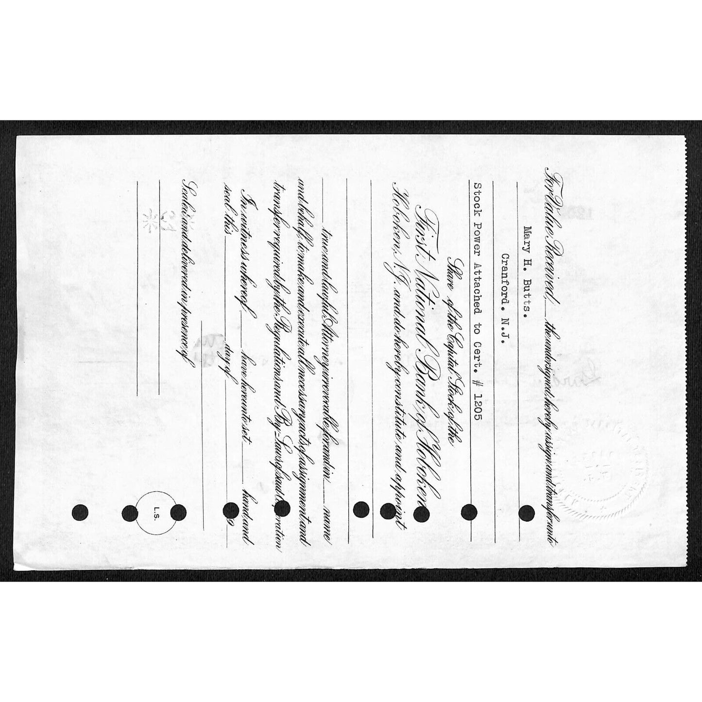 First National Bank of Hoboken NJ 1925 Stock Certificate Theophilus Butts Estate