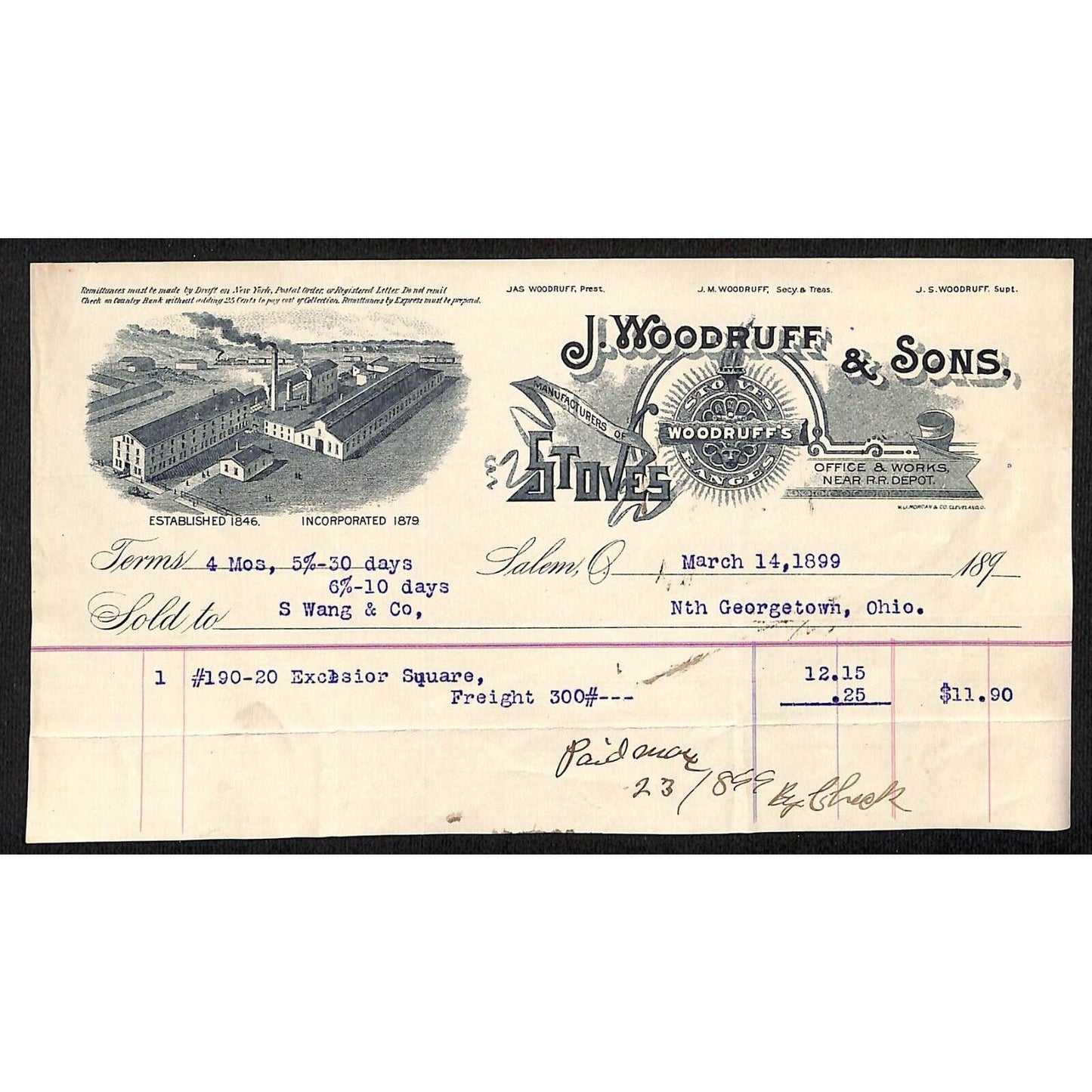 J. Woodruff & Sons Stoves Ranges 1899 Billhead Samuel Wang* N. Georgetown, OH