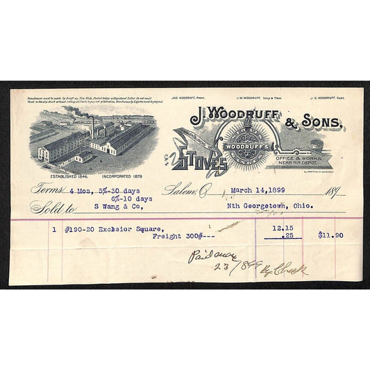 J. Woodruff & Sons Stoves Ranges 1899 Billhead Samuel Wang* N. Georgetown, OH