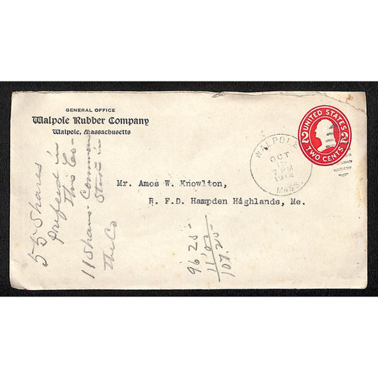 Walpole, MA Walpole Rubber Company 1912 Advertising Cover Envelope