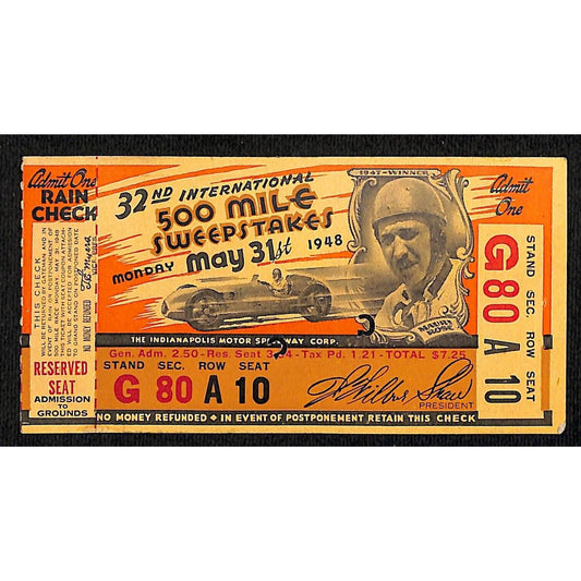 1948 Indy 500 Ticket / IMS 500 Mile Sweepstakes Ticket Stub Seat 10 VGC