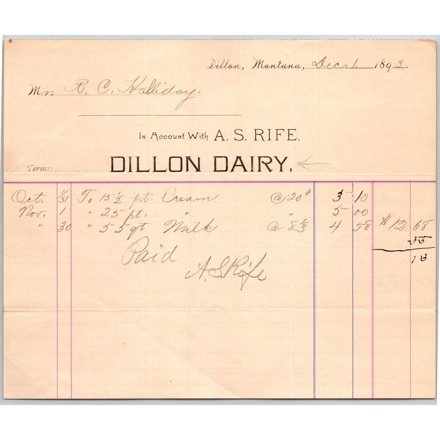 Dillon, MT Dillon Dairy A.S. Dec. 1893 Billhead Rife R.C. Halliday*