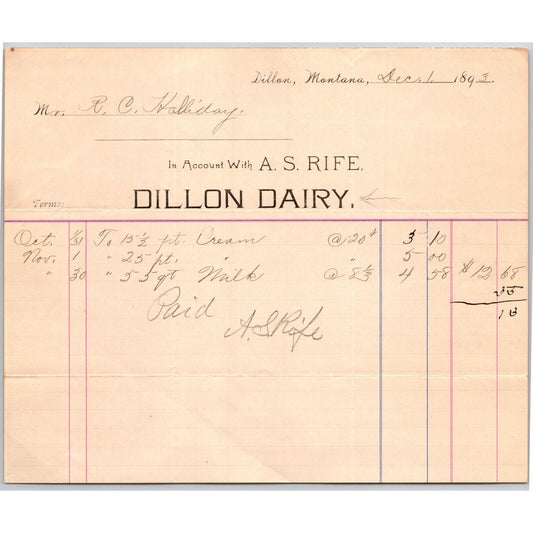 Dillon, MT Dillon Dairy A.S. Dec. 1893 Billhead Rife R.C. Halliday*