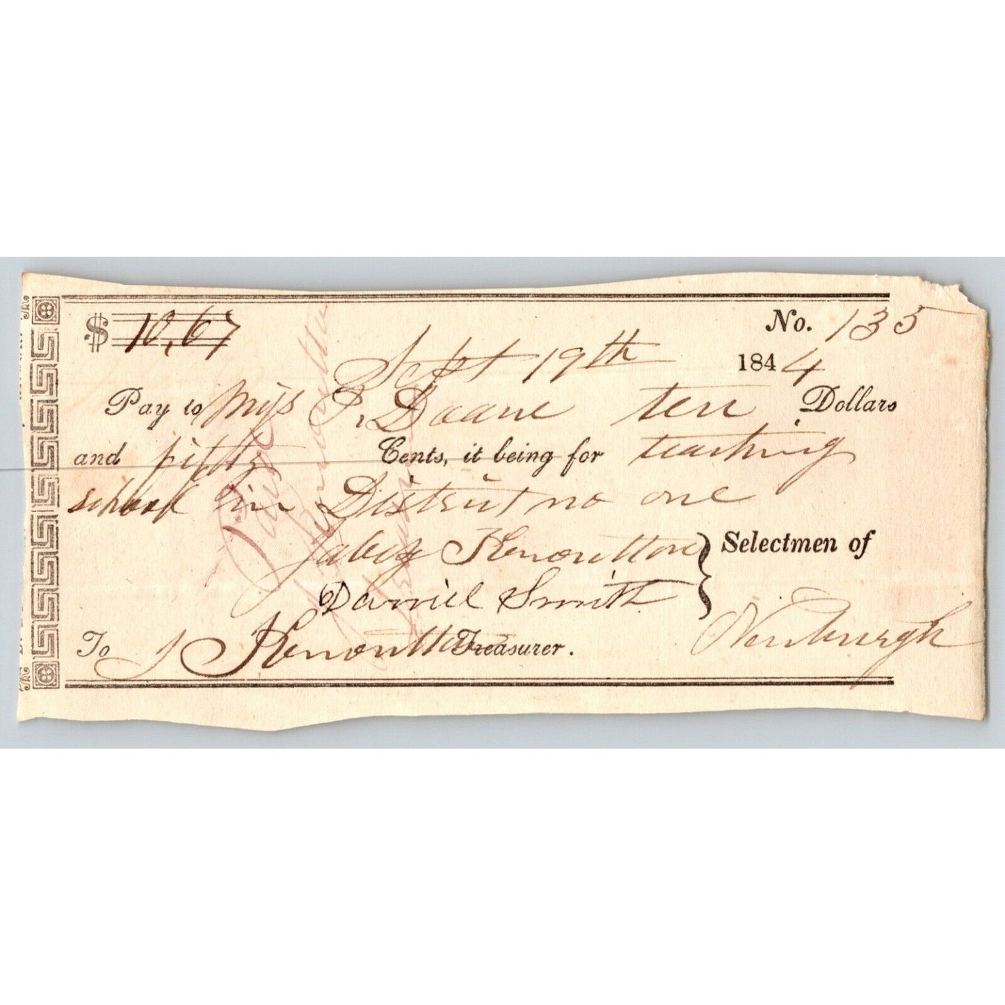 1844 Jabez Knowlton* Newburgh ME Check For Teaching School District No. 1