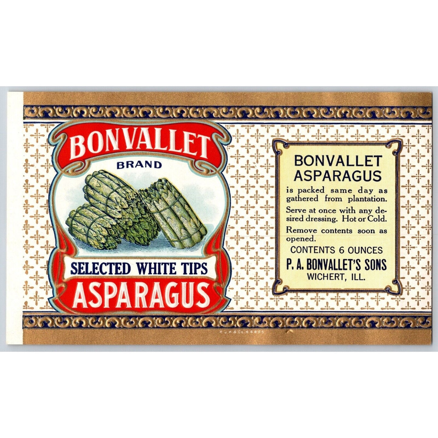 Bonvallet Asparagus White Tips Wichert, IL Paper Can Label c1920's-30's Embossed