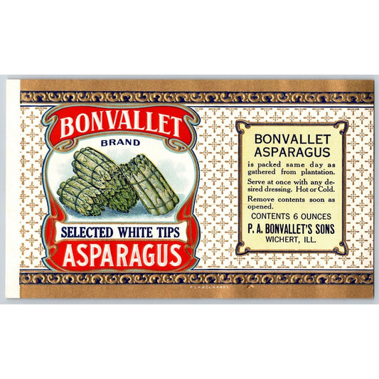 Bonvallet Asparagus White Tips Wichert, IL Paper Can Label c1920's-30's Embossed