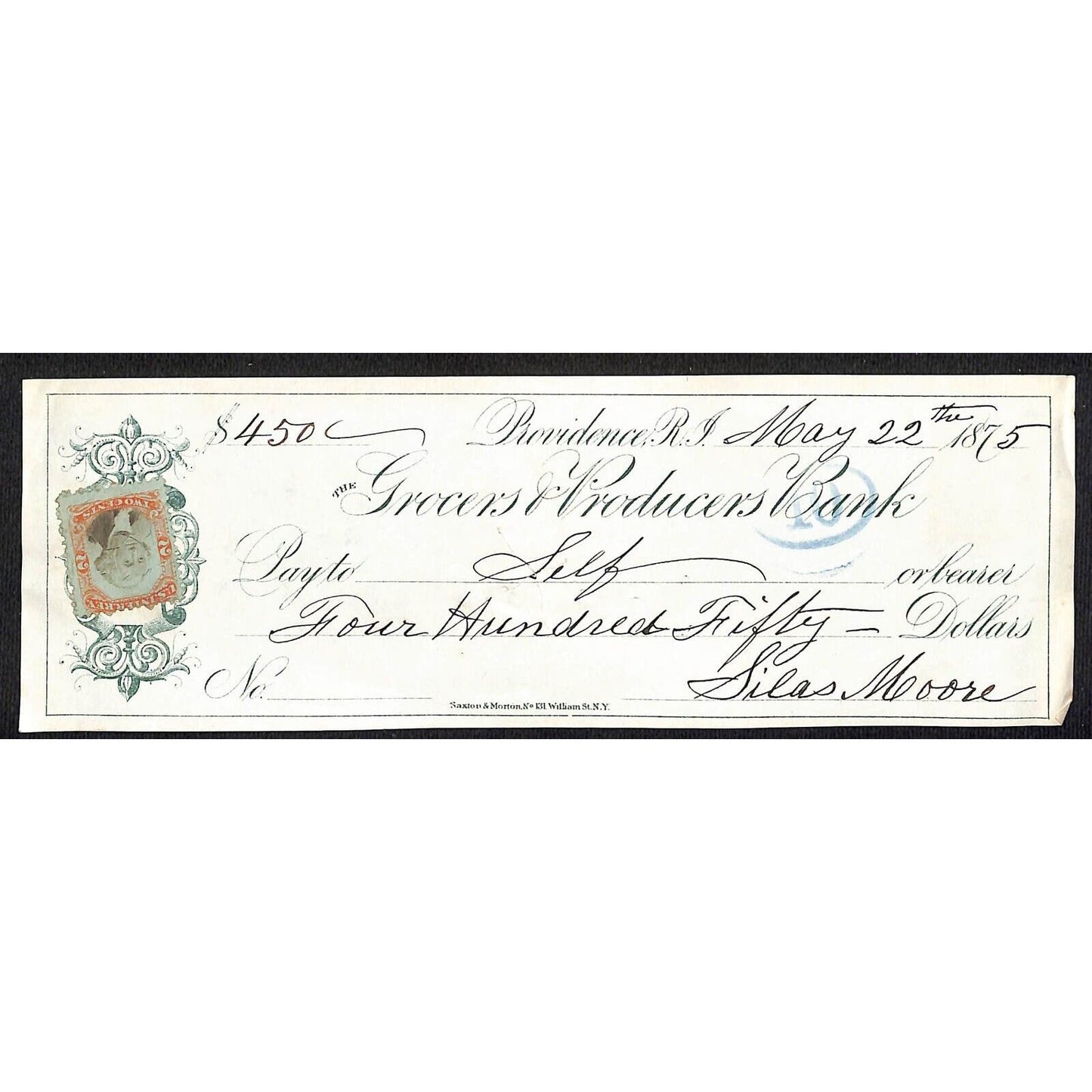 Grocers & Producers Bank Providence RI 1875 $400 Silas Moore Bank Check - Scarce