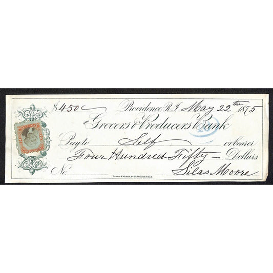 Grocers & Producers Bank Providence RI 1875 $400 Silas Moore Bank Check - Scarce