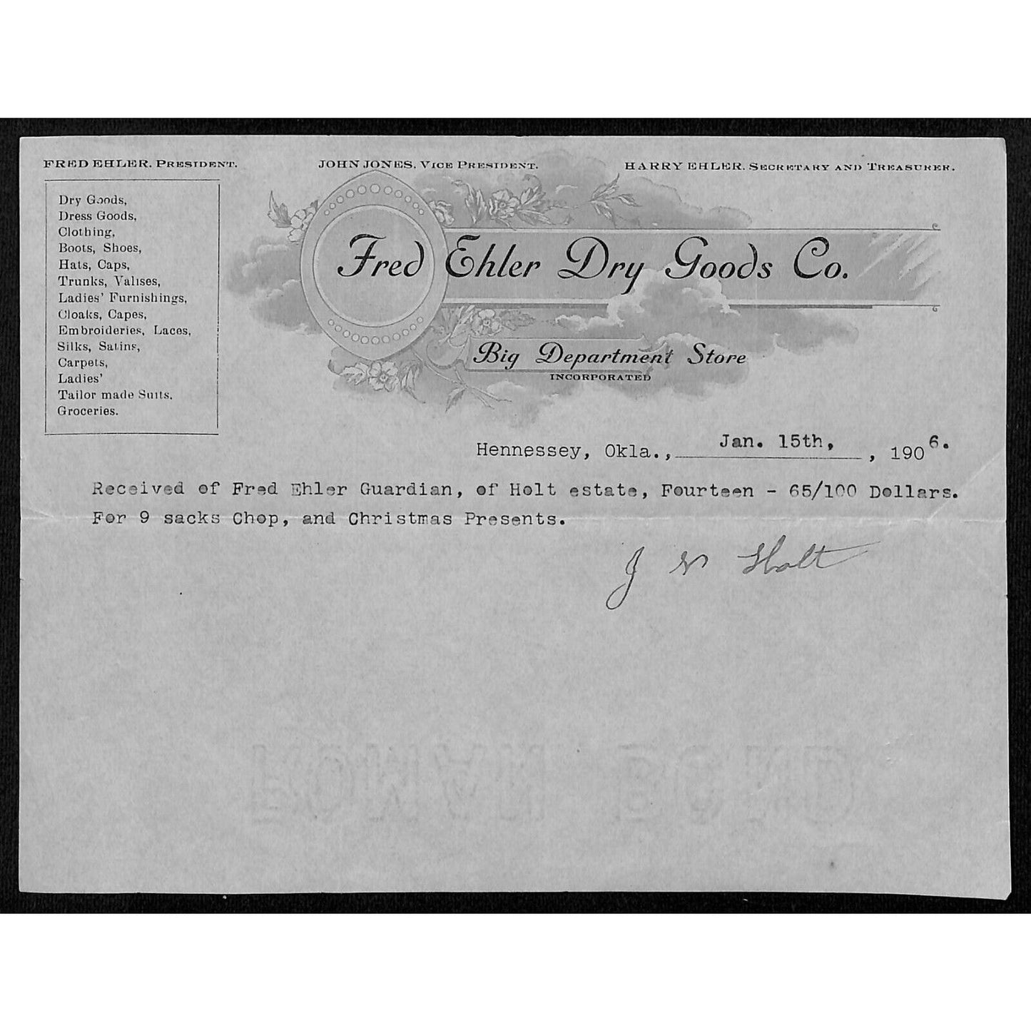 1906 Fred Ehler Dry Goods Hennessey OK Territorial Billhead Big Department Store