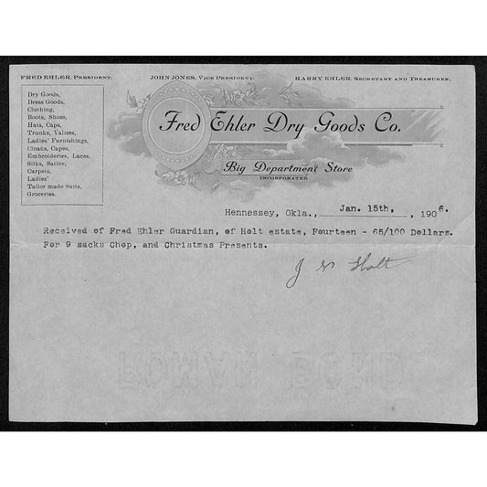 1906 Fred Ehler Dry Goods Hennessey OK Territorial Billhead Big Department Store