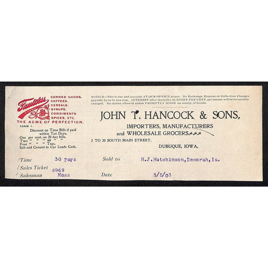 John T Hancock & Sons Dubuque Grocers Hutchinson Decorah* 3/5 1903 Cut Billhead