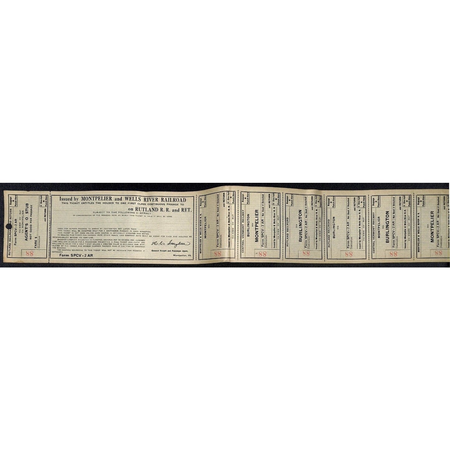 Montpelier and Wells River Railroad Unused First Class Ticket Scarce c1941 #88