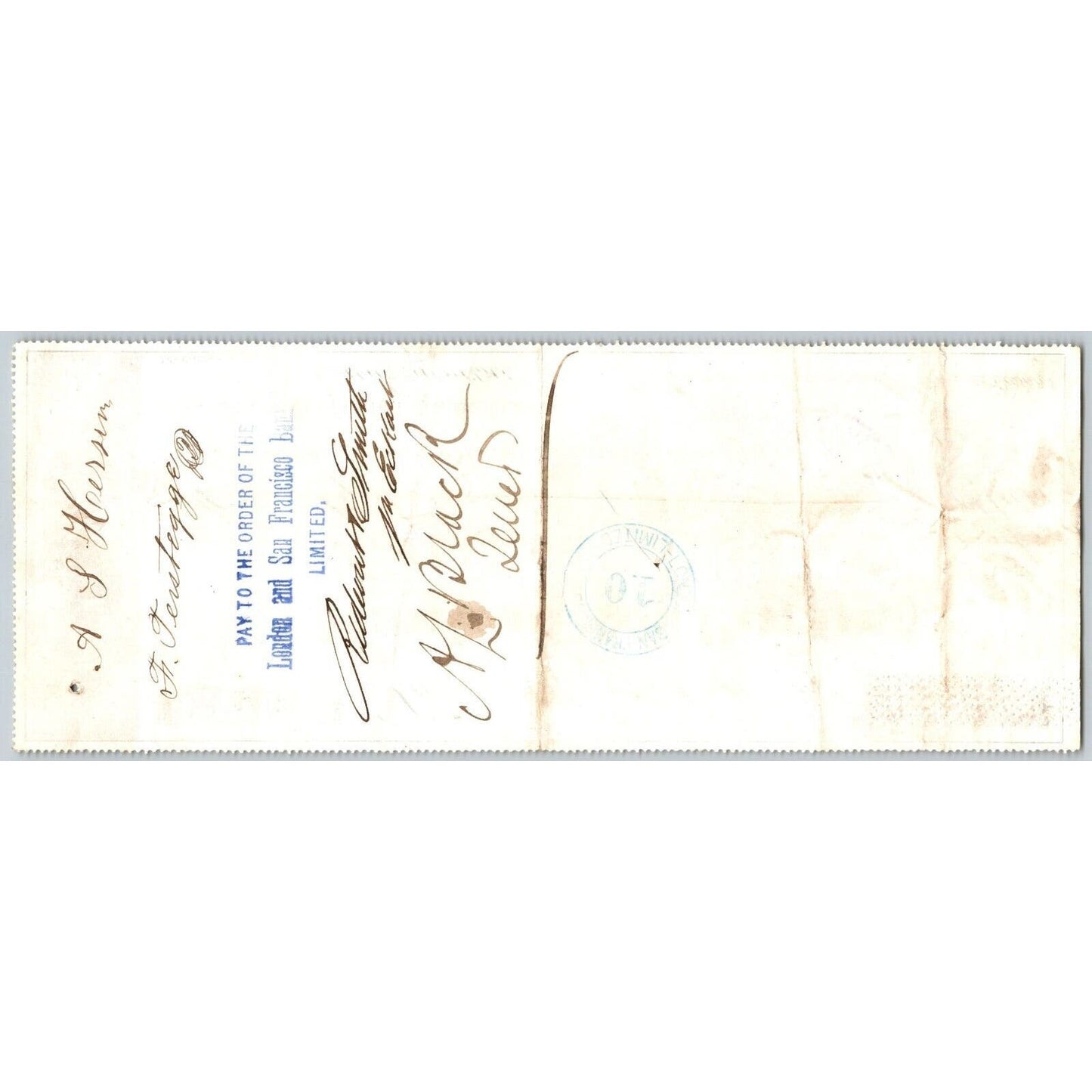Bank of La Porte Check A Herson ? 1878 Mining Vignette RN-G1 Rev Stamp 4452