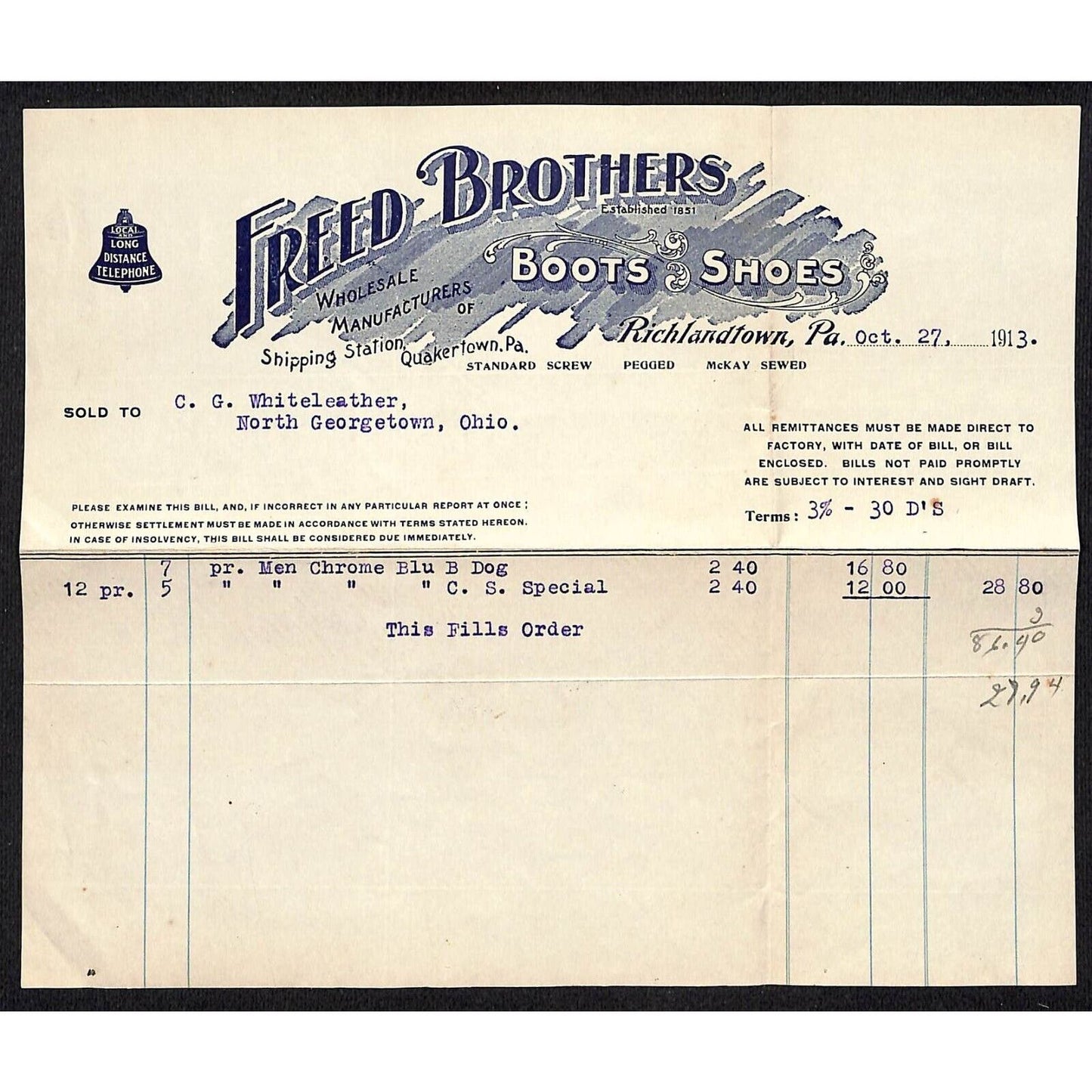 Freed Brothers Richlandtown, PA 1913 Billhead Whiteleather* N. Georgetown , OH