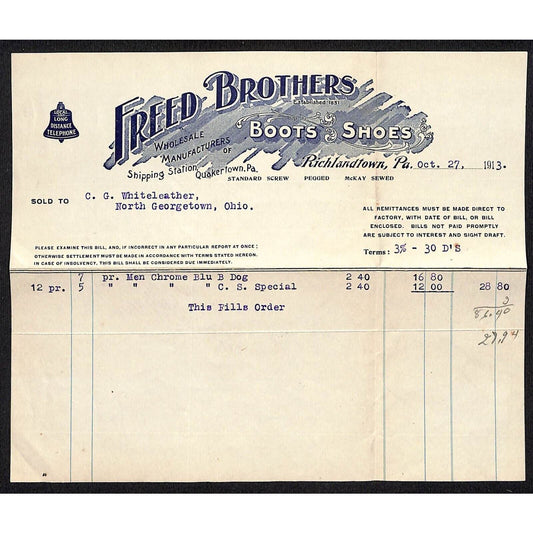 Freed Brothers Richlandtown, PA 1913 Billhead Whiteleather* N. Georgetown , OH