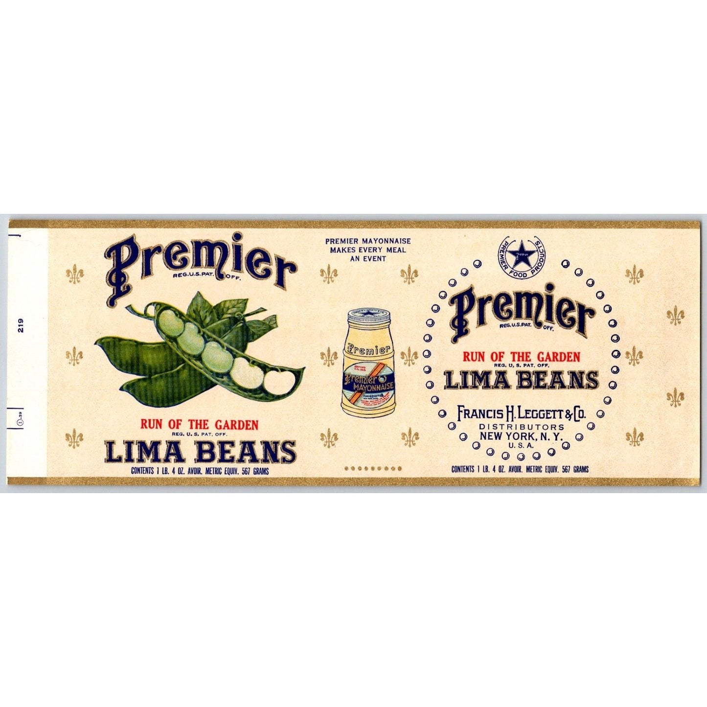 Lima Beans Premier Brand Francis H. Leggett Paper Can Label c1925-35 NOS VGC