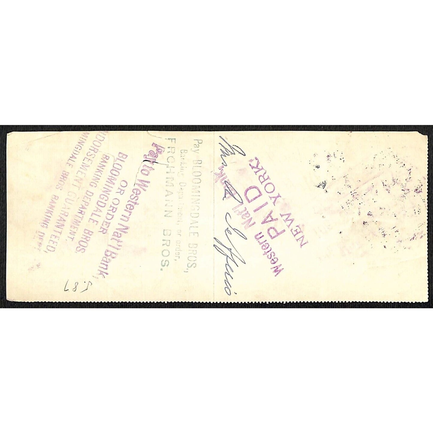 1901 Wells Fargo & Co Bank 63 Broadway NYC Check to A. Jefferies $6.50