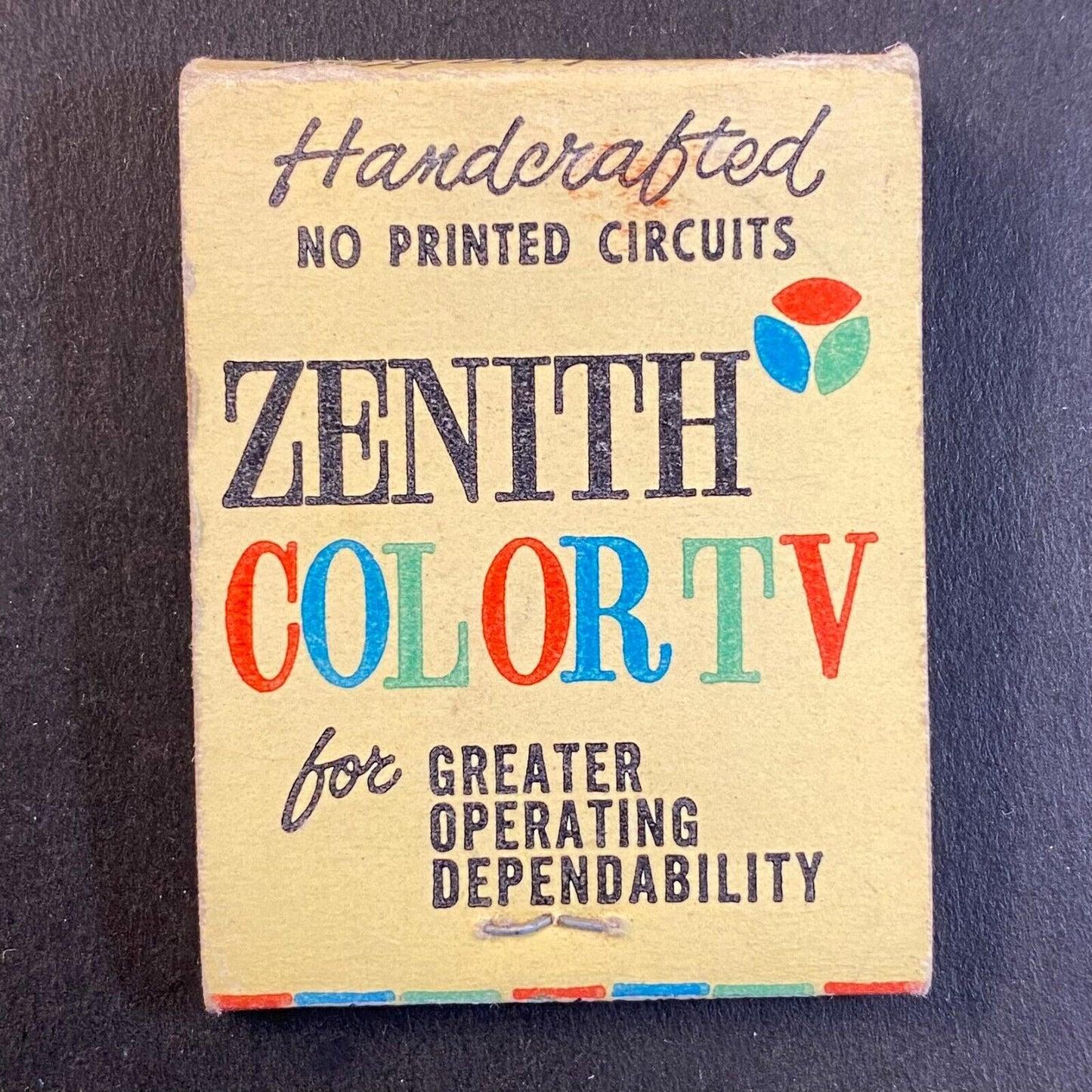 Zenith Color TV "Handcrafted - No Printed Circuits" Half Full Matchbook c1962-67