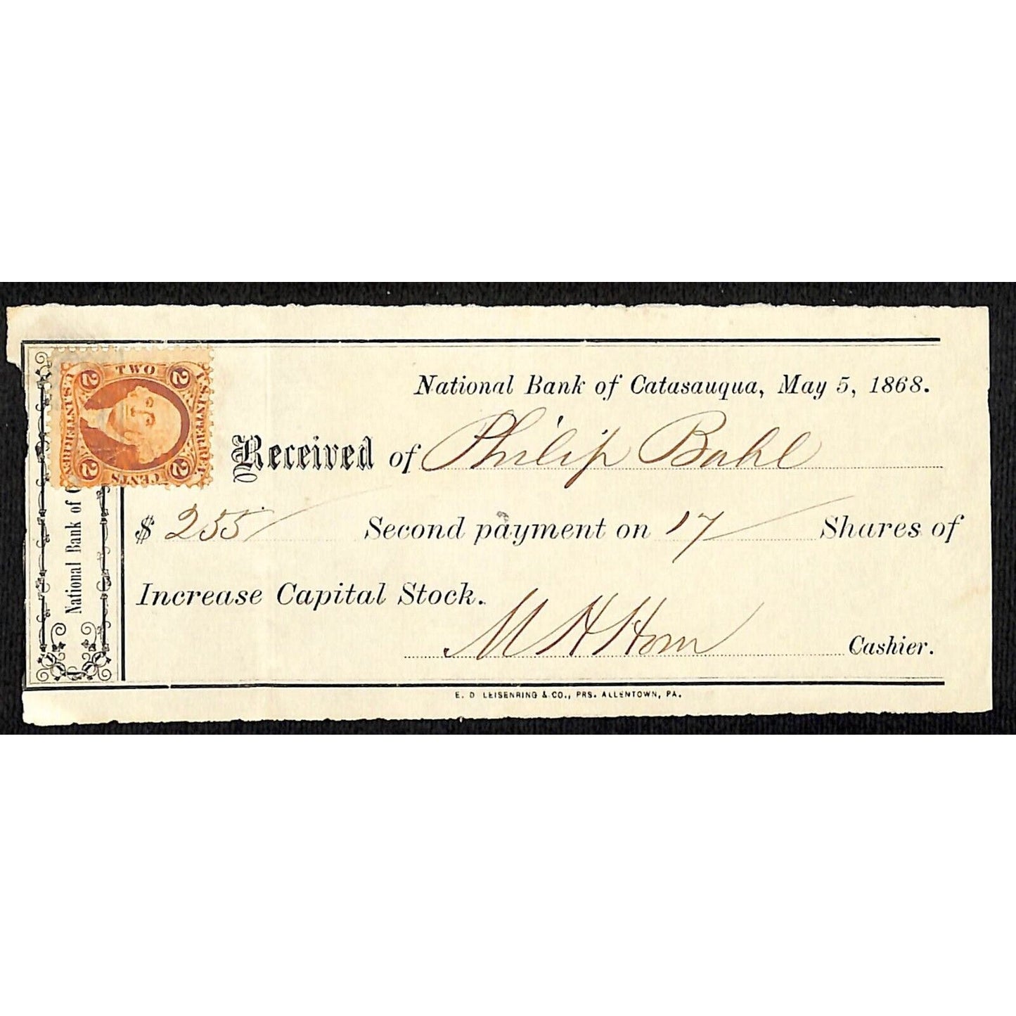 1868 National Bank of Catasauqua (PA) Philip Bahl Stock Receipt w/ Rev Stamp