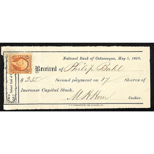 1868 National Bank of Catasauqua (PA) Philip Bahl Stock Receipt w/ Rev Stamp