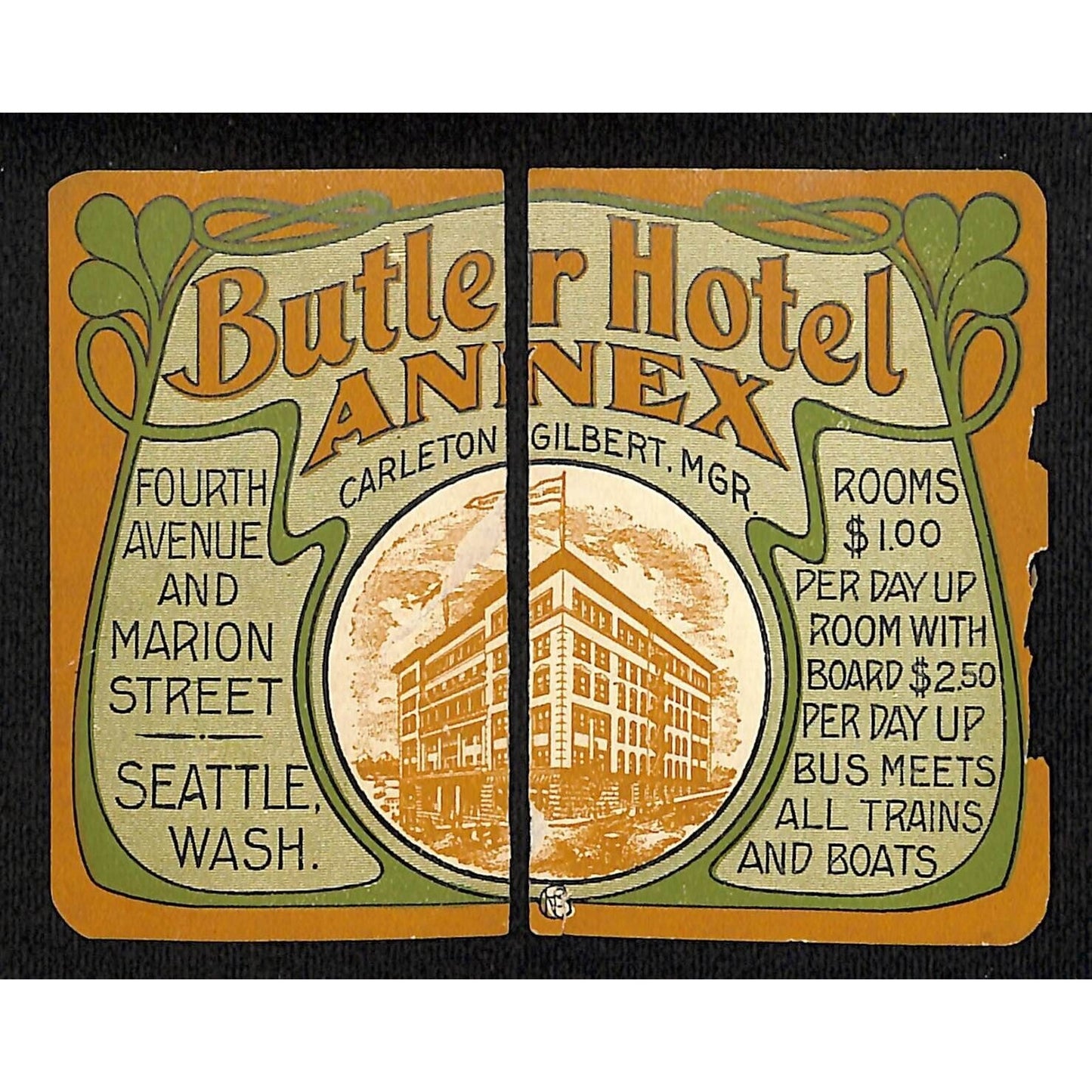 Butler Hotel Annex Seattle, WA Carleton Gilbert c1910 Luggage Label w/ Damage