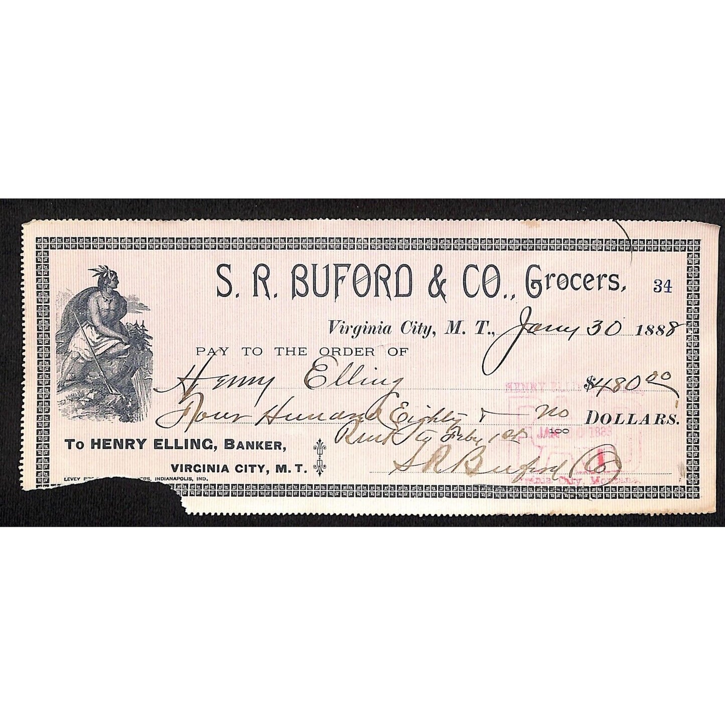 1888 Henry Elling Virginia City Montana Territory S.R. Buford Grocers Check #34