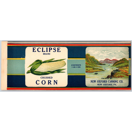 Eclipse Brand Crushed Corn New Oxford Canning Co. PA Paper Can Label c1920's