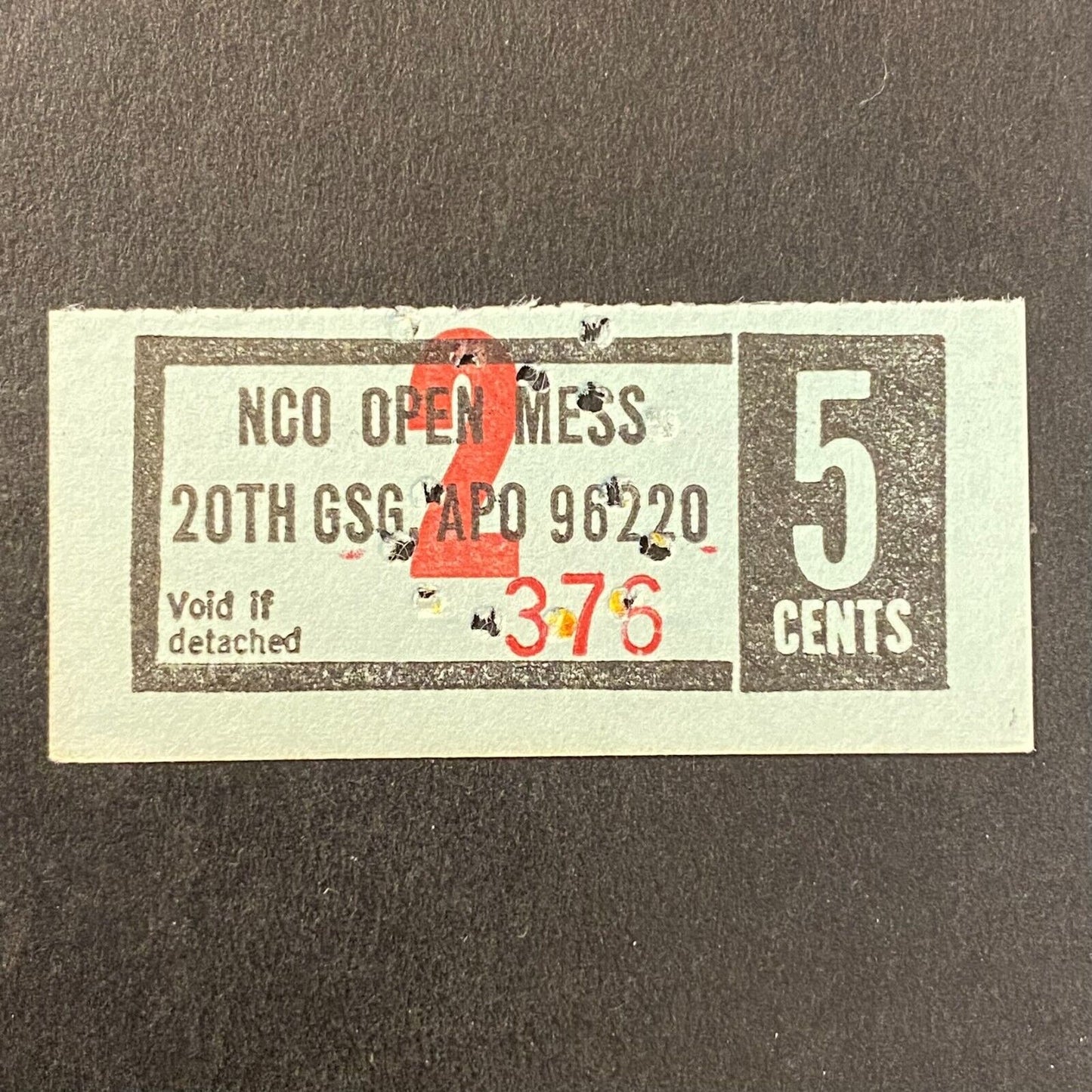Bupyeong, Korea 20th GCG APO NCO Open Mess 5c Coupon c1970