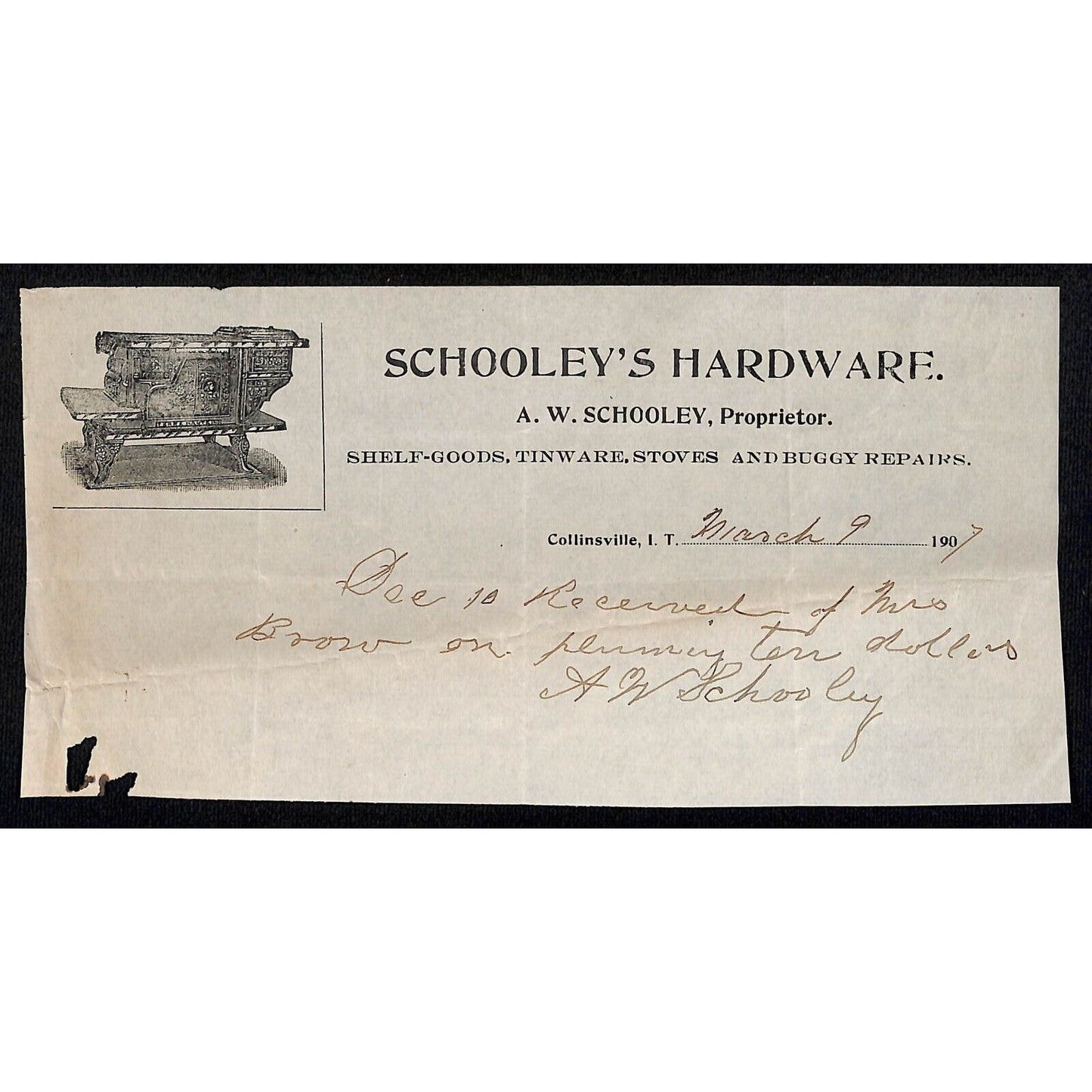 1907 Schooley's Hardware Collinsville, OK Indian Territory Receipt / Letterhead