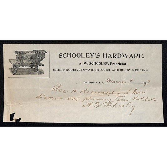 1907 Schooley's Hardware Collinsville, OK Indian Territory Receipt / Letterhead