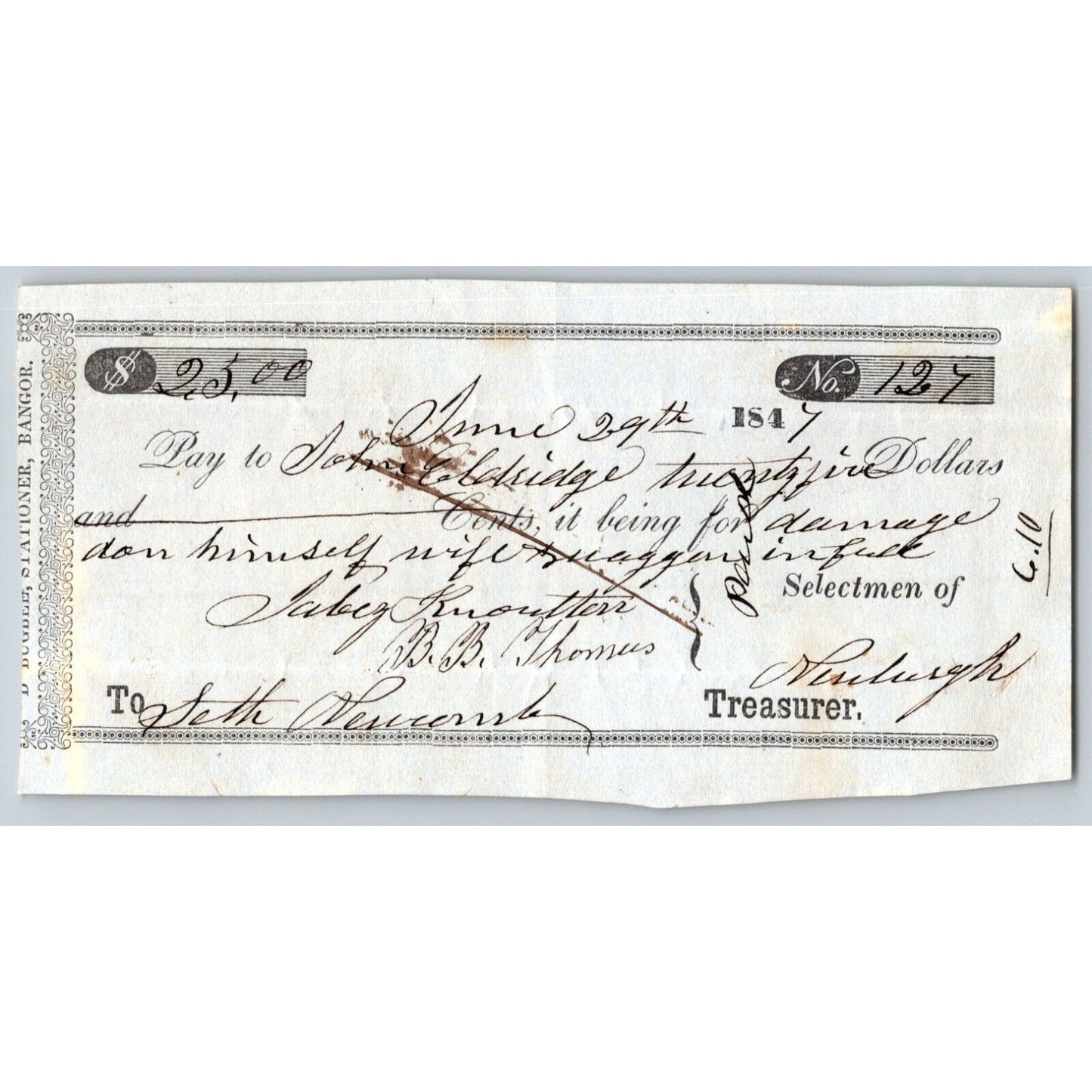 1847 Jabez Knowlton* Newburgh ME Check for "Damage Don(e)? Himself"