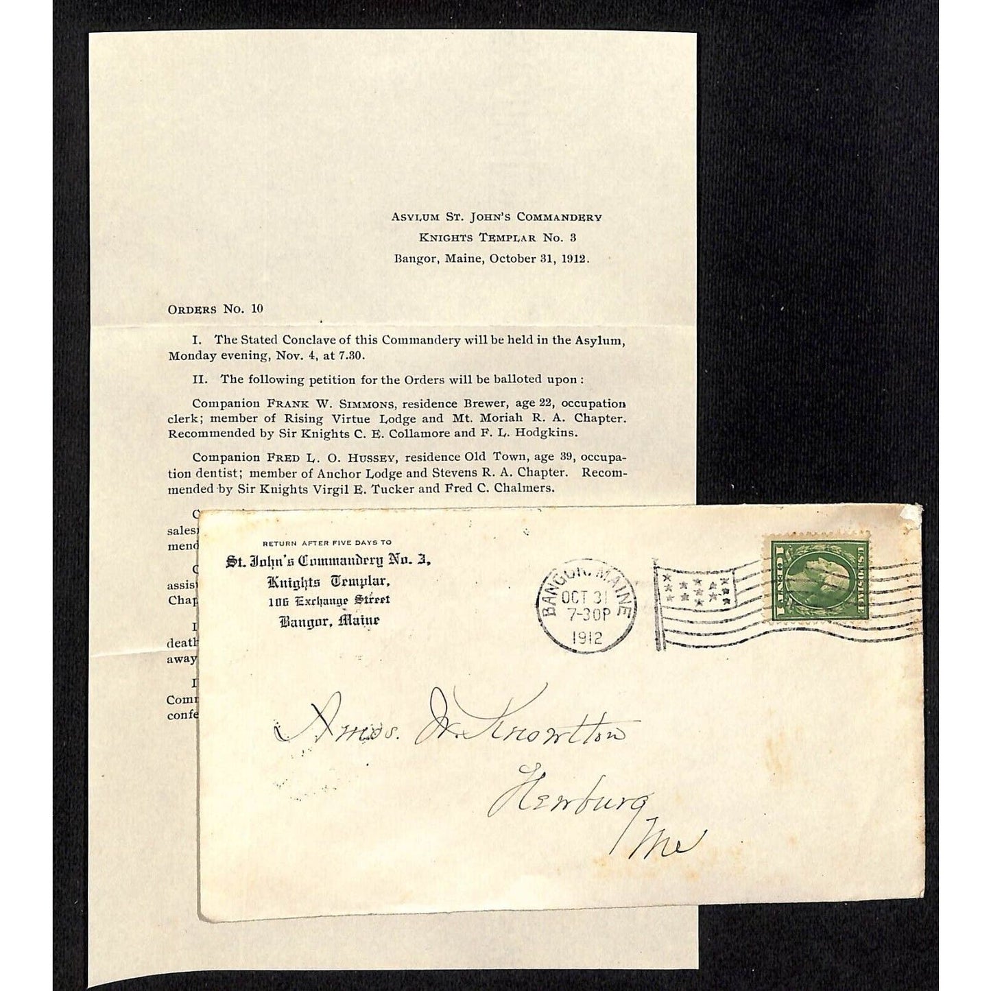 Bangor, ME 1912 St. John Commandery No. 3 re: Conclave Knowlton* Letterhead