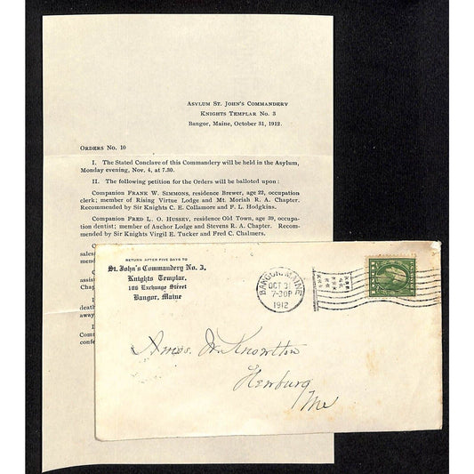 Bangor, ME 1912 St. John Commandery No. 3 re: Conclave Knowlton* Letterhead