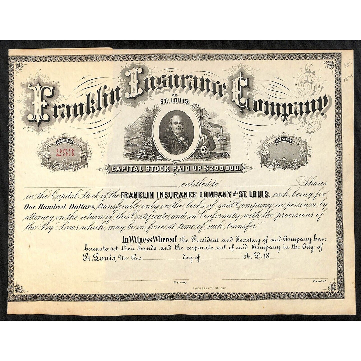 Franklin Insurance Co. of St. Louis 1870's Stock Certificate Unissued Scarce