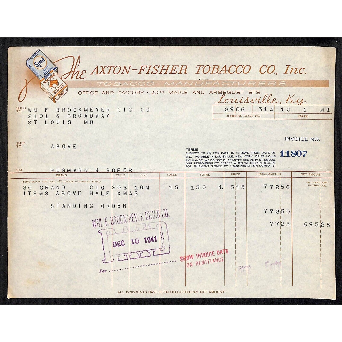 Louisville, KY The Axton-Fisher Tobacco Co Spud Twenty Grand 12/1 1941 Billhead