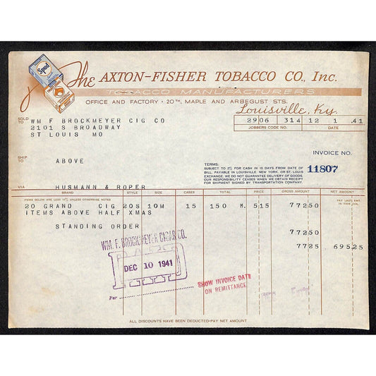 Louisville, KY The Axton-Fisher Tobacco Co Spud Twenty Grand 12/1 1941 Billhead