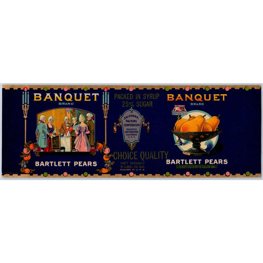 Banquet Brand Bartlett Pears Paper Can Label 1925-35 w/ Victorian Scene