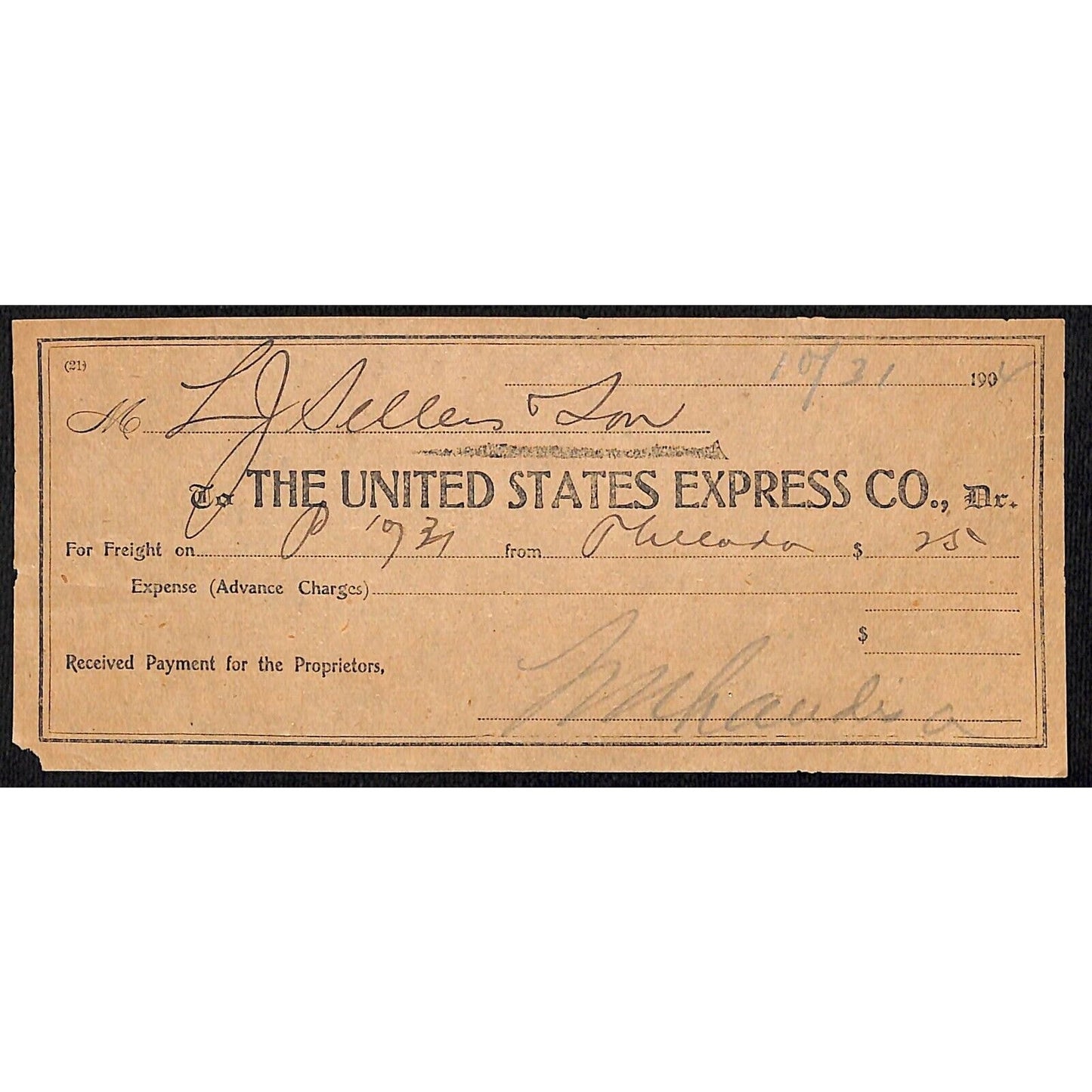 United States Express Co. 1904 Waybill Freight Payment Receipt (#14)