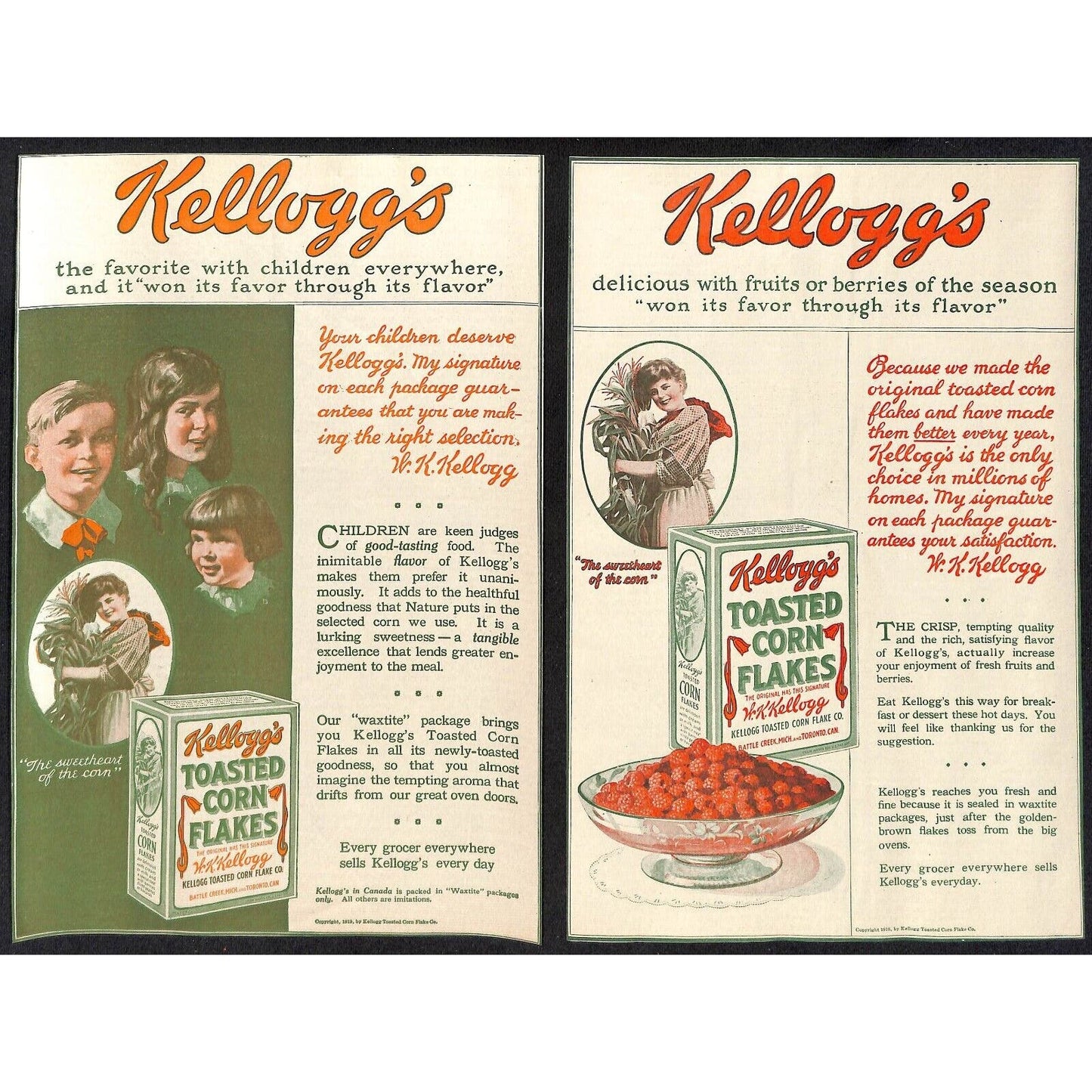 Kellogg's Toasted Corn Flakes Group of 5 Color c1919 Large Magazine Ads