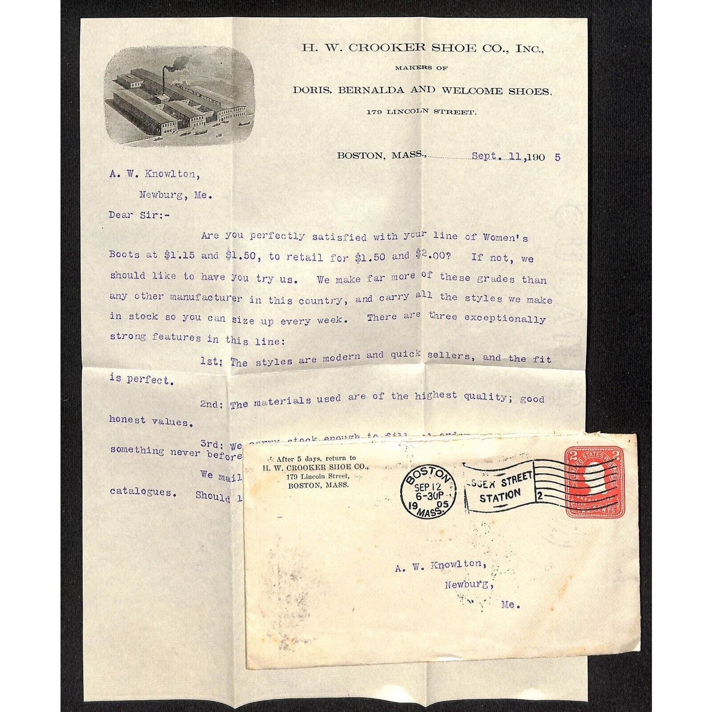 H.W. Crooker Co. Boston, MA Doris Shoes 1905 Letterhead & Cover Knowlton*