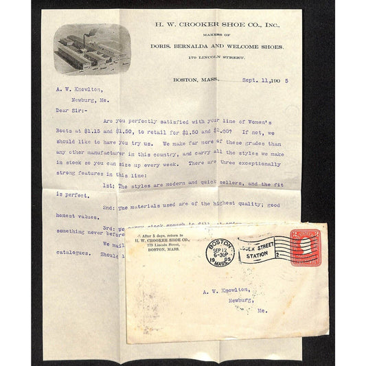 H.W. Crooker Co. Boston, MA Doris Shoes 1905 Letterhead & Cover Knowlton*