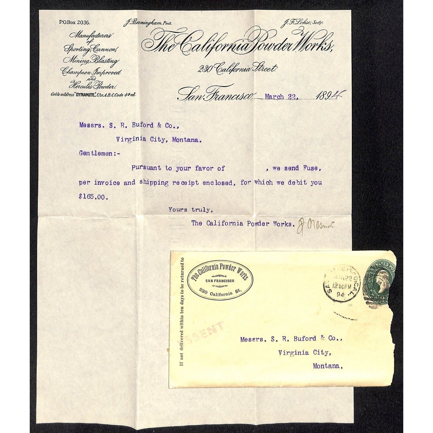 California Powder Works Mar 1894 Letterhead + Cover S.R. Buford Virginia City MT