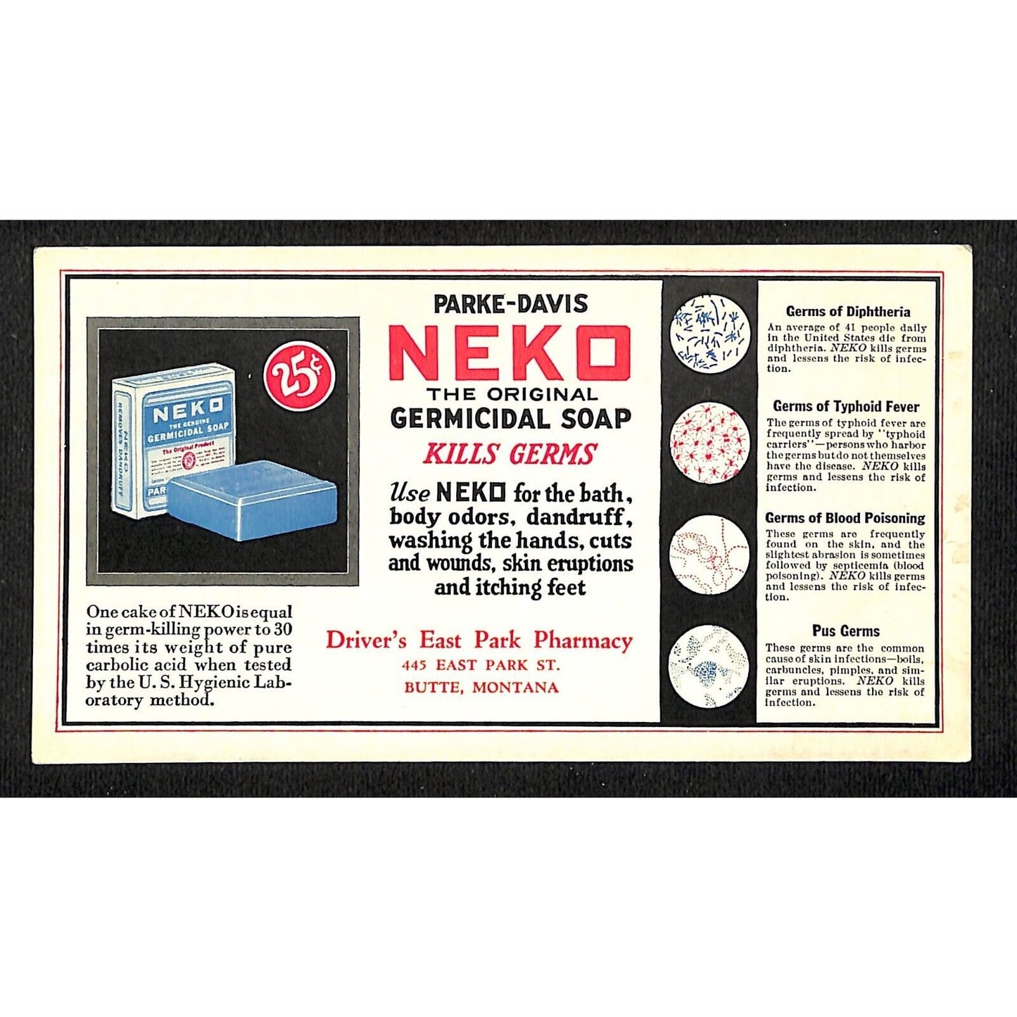 Parke-Davis NEKO Germicidal Soap Driver's East Park Pharmacy Butte Ink Blotter