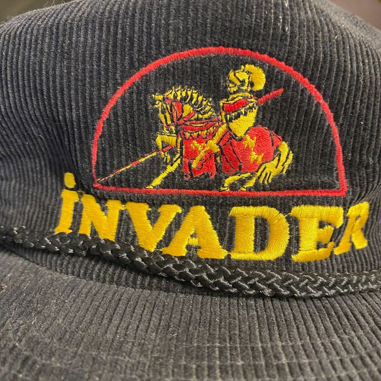 Invader Motor Oil Cap c1980's? 100% Embroidered Cotton Corduroy w/ Rope Brim