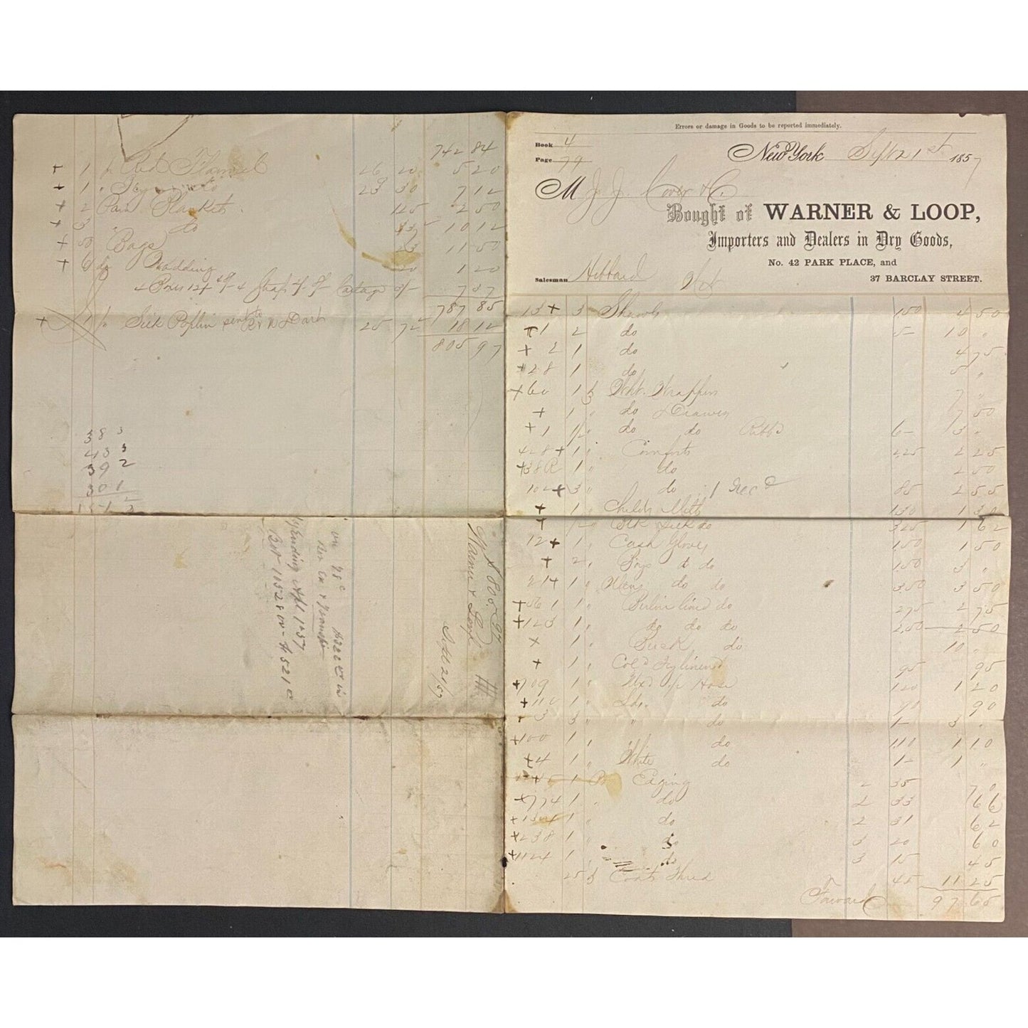 Warner & Loop Dry Goods NYC 1857 J.J. Cover, Johnsville, OH* Lg. Billhead Scarce